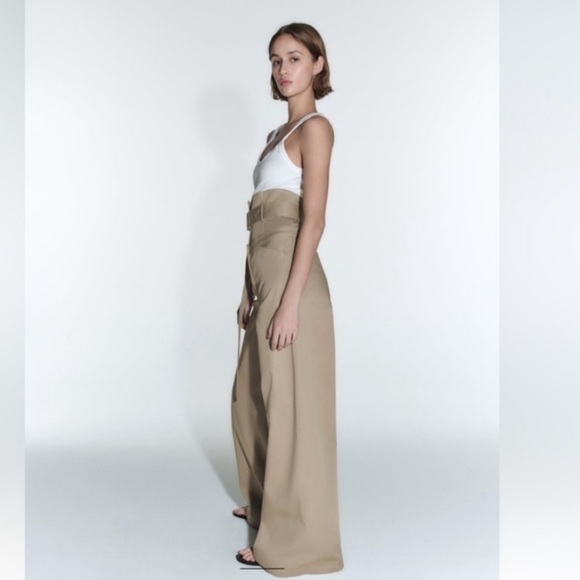 Zara Wide Leg Belted Full Length Gabardine Pants Khaki NEW WITH TAG  SIZE XS - Picture 6 of 11